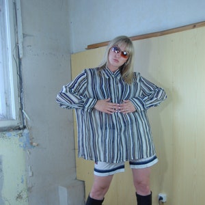 Vintage y2k transparent stripped beach baggy mesh blouse in cream navy brown image 1