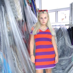 Vintage y2k Bright Stripped Knitted Soft Orange Purple Funky Party Dress image 1