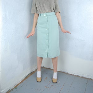 Vintage 80's Pastel Light Green Button Belt Long Festival Glam Casual Cream Skirts image 1