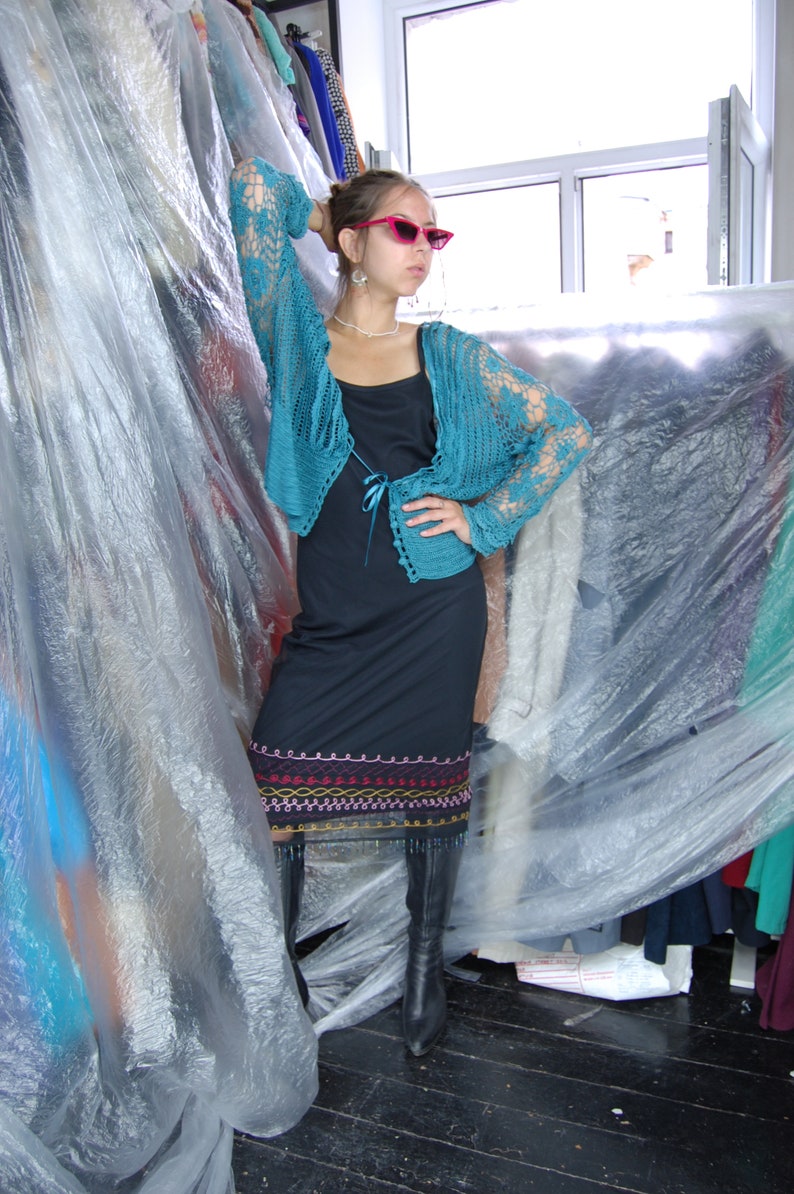 Vintage 00's Turquoise Festival Indie Crochet Cardigan Vest image 5