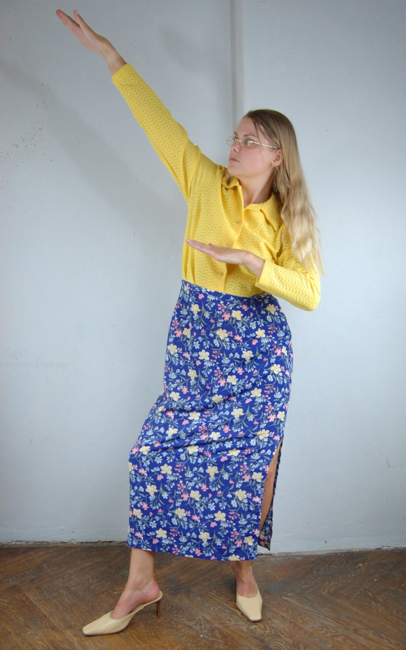 Vintage 90's Bright Blue Abstract Flower Maxi Party Beach Light Festival Indie Skirts image 2