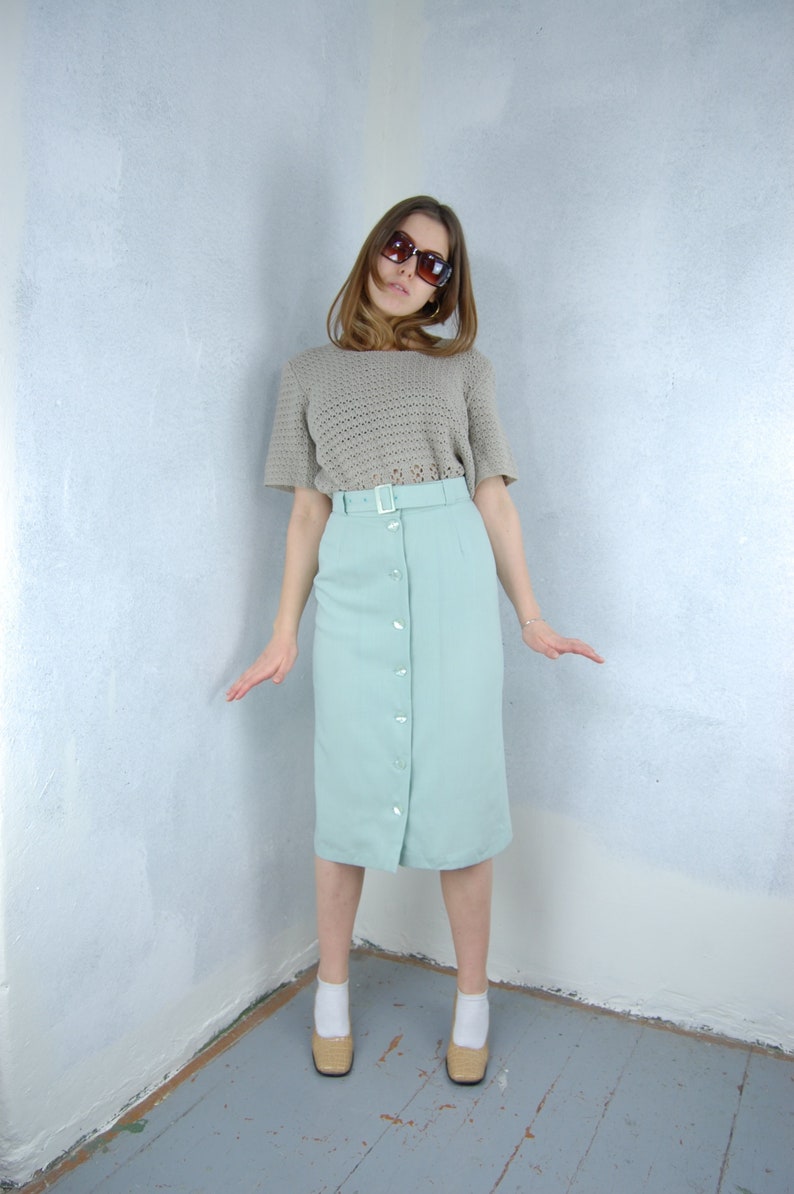 Vintage 80's Pastel Light Green Button Belt Long Festival Glam Casual Cream Skirts image 1