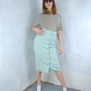 Vintage 80's Pastel Light Green Button Belt Long Festival Glam Casual Cream Skirts image 4