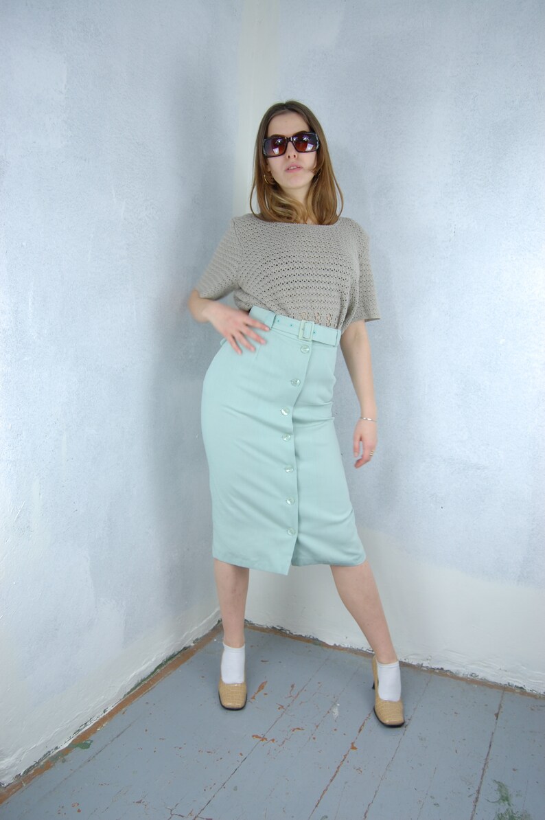 Vintage 80's Pastel Light Green Button Belt Long Festival Glam Casual Cream Skirts image 4