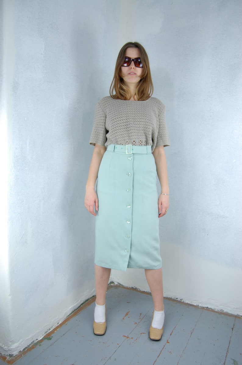 Vintage 80's Pastel Light Green Button Belt Long Festival Glam Casual Cream Skirts image 6