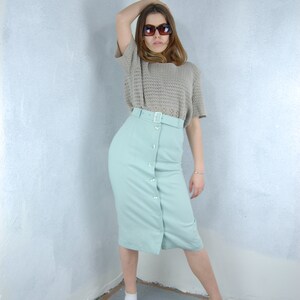 Vintage 80's Pastel Light Green Button Belt Long Festival Glam Casual Cream Skirts image 3