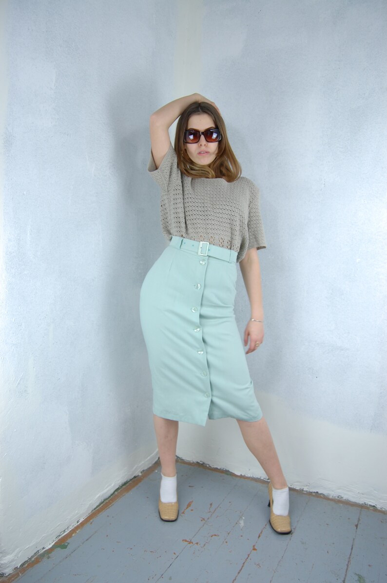 Vintage 80's Pastel Light Green Button Belt Long Festival Glam Casual Cream Skirts image 3