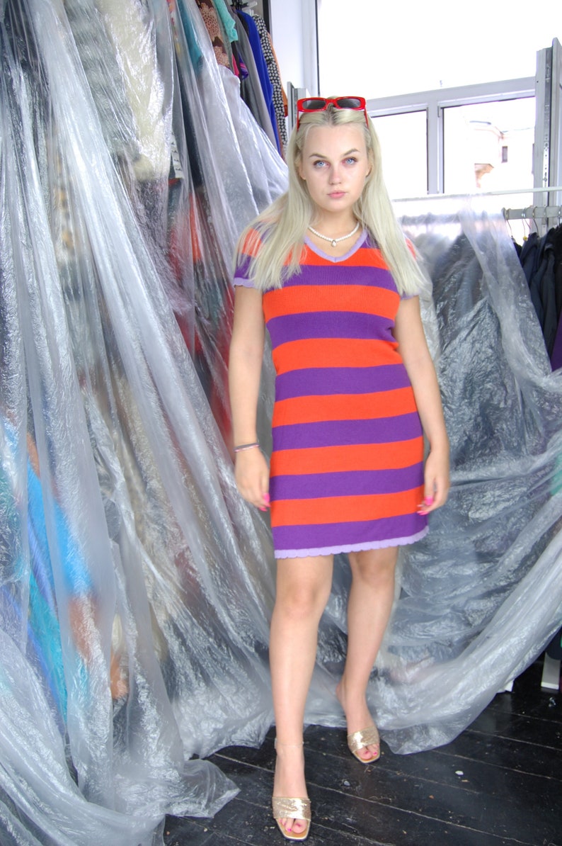 Vintage y2k Bright Stripped Knitted Soft Orange Purple Funky Party Dress image 1