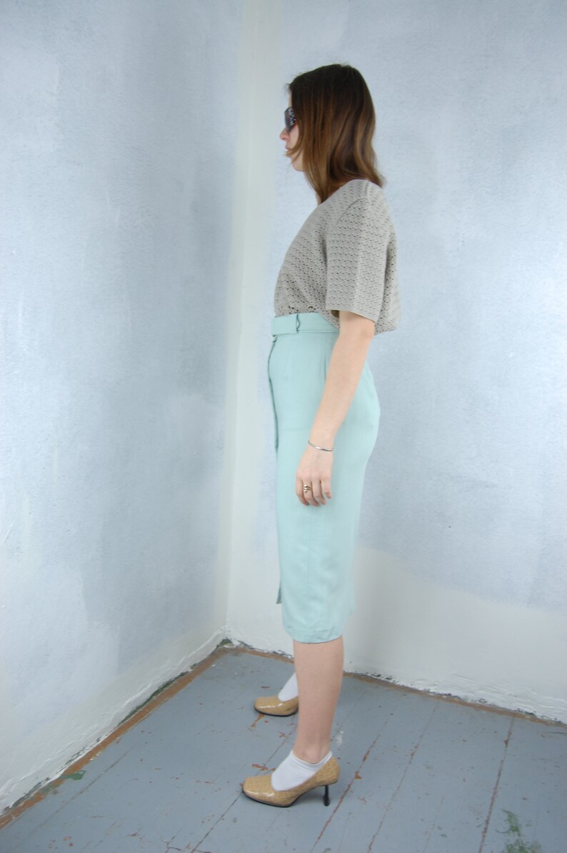 Vintage 80's Pastel Light Green Button Belt Long Festival Glam Casual Cream Skirts image 5