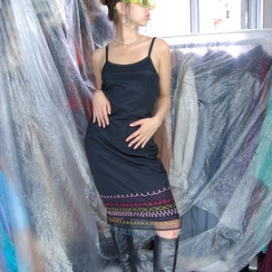 Vintage 90's Black Sleeveless Indie Festival Funky Sparkling Peace Long Fitting Dress image 3