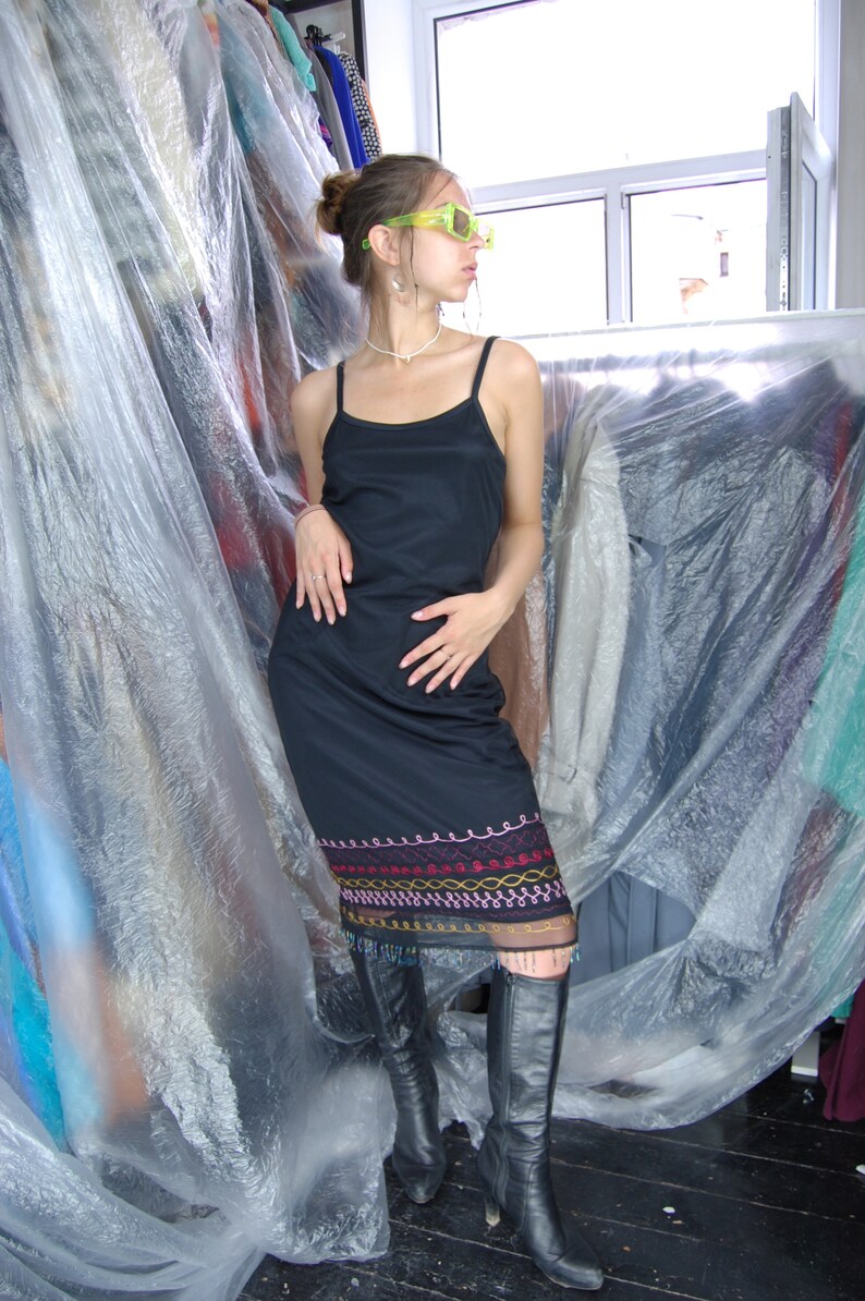 Vintage 90's Black Sleeveless Indie Festival Funky Sparkling Peace Long Fitting Dress image 3