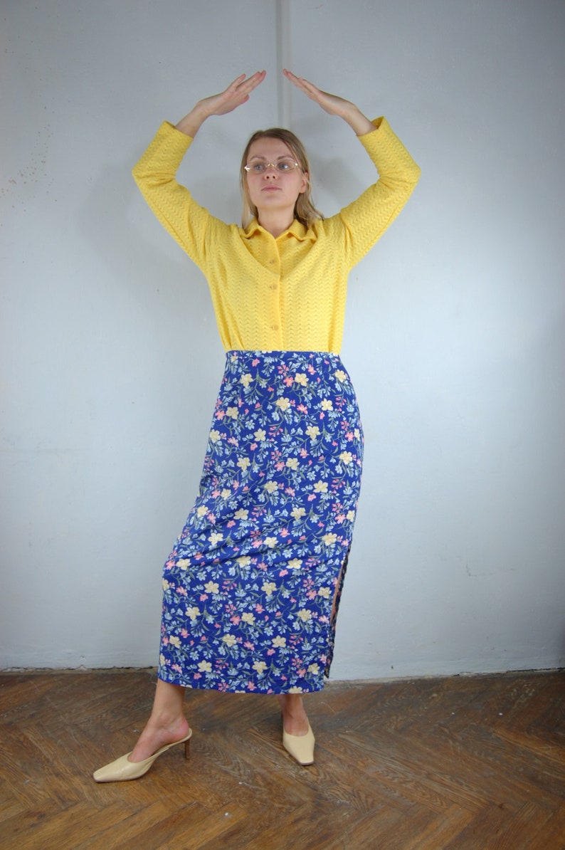 Vintage 90's Bright Blue Abstract Flower Maxi Party Beach Light Festival Indie Skirts image 1