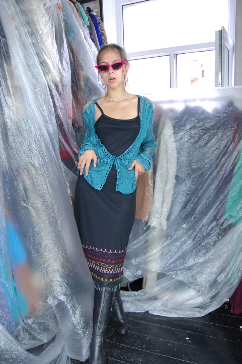 Vintage 00's Turquoise Festival Indie Crochet Cardigan Vest image 3