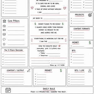 May include: A white daily planner with sections for "Daily Engine," "Core Pillars," and "The 5 Pillars Reminder." The planner includes prompts for self-affirmations, goal setting, and a "Daily Rule" section. Text includes "I AM THE KIND OF PERSON WHO GETS SEEN."