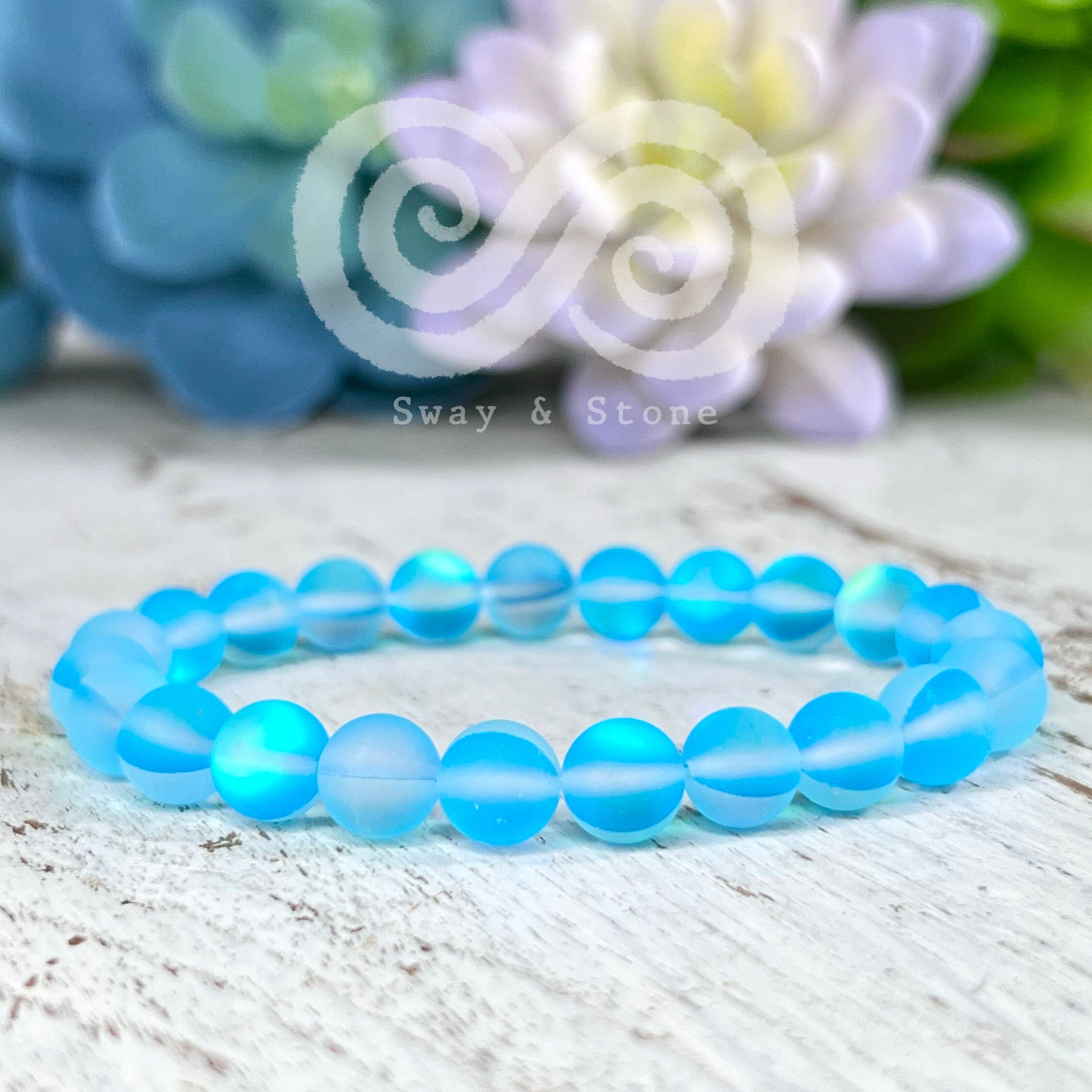 Handmade 8mm Mermaid Glass Quartz Beaded Bracelet - Natural Stone, Frosted Finish
