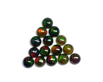 AAA Natural Black Fired Ethiopian Opal Round Loose Calibrated Flat Back Gemstone Cabochon Size 3, 4, 5, 6, 7, 8MM
