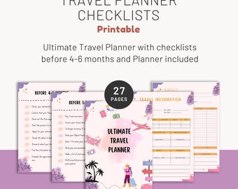 May include: A 27-page printable travel planner set featuring checklists for 4-6 months before travel. The pages include travel information, budget trackers, and illustrations of a traveller, an aeroplane, palm trees, and a camera in soft purple tones.