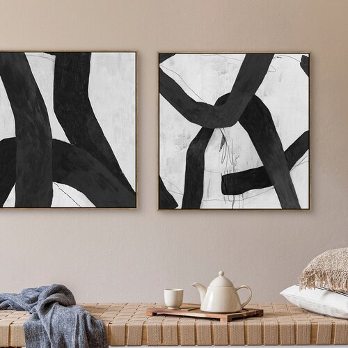 Mid Century Modern Wall Art Black and White Abstract Geometric Etsy
