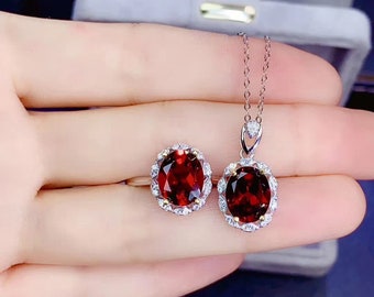 WeddingEngagementAny Occasion 3 CT Natural Garnet Ring&Necklace Set Oval Cut January Birthstone 8x10mm