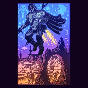 May include: A neon-lit artwork featuring a stylized depiction of The Mandalorian and Grogu in a space-themed setting. The artwork showcases a color palette of blue, purple, and orange, with the characters in flight, surrounded by stars, planets, and a crescent moon.