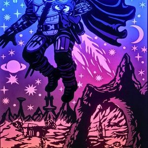 May include: A layered paper art piece depicting a figure in Mandalorian armor with a child, set against a space-themed background. The artwork uses shades of blue, purple, and orange, with stars, planets, and a crescent moon. The Mandalorian is shown mid-flight with jet propulsion.