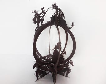Kristallen wereldbol met draken, digitale downloadsjabloon, 3D-papieruitsnede.