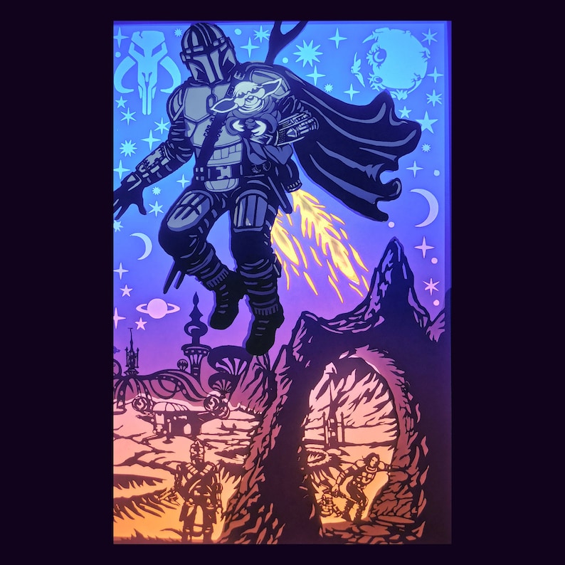 May include: A neon-lit artwork featuring a stylized depiction of The Mandalorian and Grogu in a space-themed setting. The artwork showcases a color palette of blue, purple, and orange, with the characters in flight, surrounded by stars, planets, and a crescent moon.