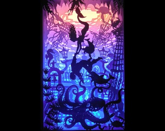 Mermaid and dolphins save the sailor - templates for light box-SVG