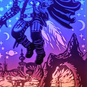 May include: A neon blue and black illustration of a character from a science fiction series, holding a small green creature. The artwork features a space theme with planets, stars, and a cityscape in the background.