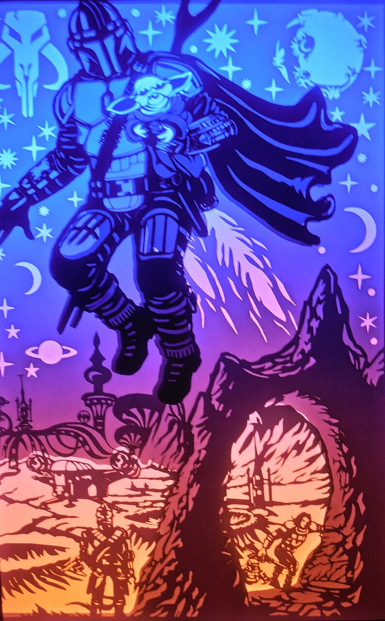 May include: A neon blue and black illustration of a character from a science fiction series, holding a small green creature. The artwork features a space theme with planets, stars, and a cityscape in the background.