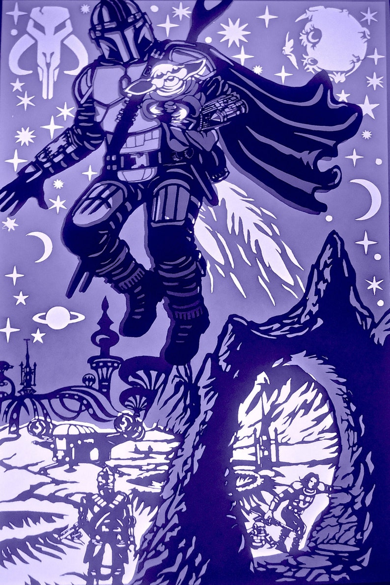 May include: A layered paper art piece featuring a character in armor with a cape, holding a small creature, and flying through space. The artwork is in shades of purple and white, with stars, planets, and a cityscape in the background.