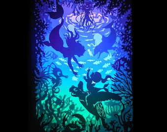 Mermaid baby, mom and friends-templates for light box picture - SVG files contours and lines.