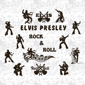 Puede incluir: Un diseño gráfico en blanco y negro con siluetas de Elvis Presley en varias poses con guitarras y micrófonos. Las palabras "Elvis Presley Rock & Roll" se muestran de forma destacada, junto con notas musicales.