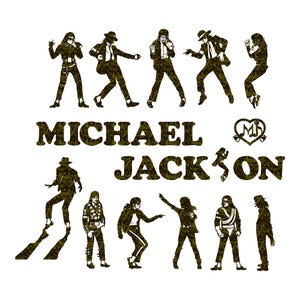 Könnte beinhalten: Grafikdesign mit mehreren Silhouetten von Michael Jackson in verschiedenen Posen. Der Text "MICHAEL JACKSON" ist prominent in einer dekorativen Schriftart dargestellt. Ein Notenherz-Symbol ist ebenfalls enthalten.
