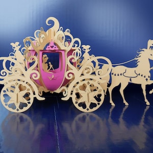 May include: A wooden Cinderella carriage with a pink interior and a white horse pulling it. The carriage is decorated with intricate details and has a star-shaped wheel.