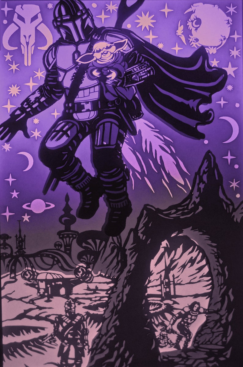 May include: A layered paper art piece featuring a character in armor holding a small creature, set against a purple space scene with stars, planets, and a moon. The artwork has a cut-paper style with black and white details.