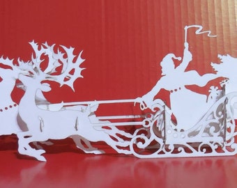 Santa Claus with the deer travels - folding template for cutting PDF, SVG