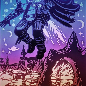 May include: A layered paper art piece depicting a character in armor with a cape, holding a small creature. The artwork features a space theme with planets, stars, and a futuristic landscape in shades of blue, purple, and orange.