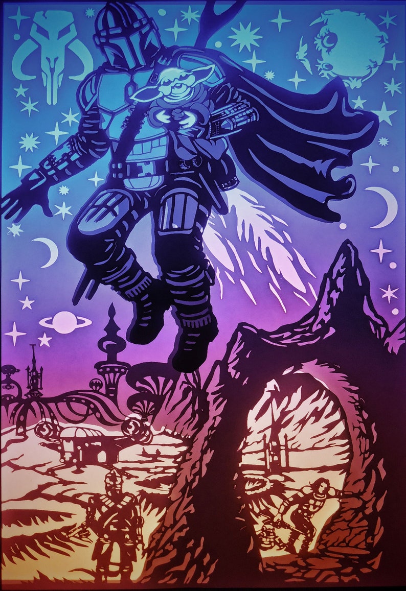May include: A layered paper art piece depicting a character in armor with a cape, holding a small creature. The artwork features a space theme with planets, stars, and a futuristic landscape in shades of blue, purple, and orange.