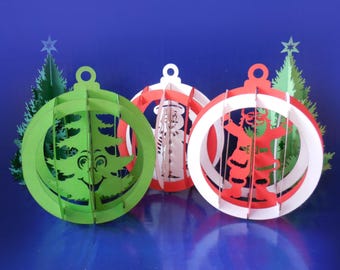 Sjabloon papieren bal 3D kerstpersonage: kerstman, sneeuwpop, boom (digitale download)