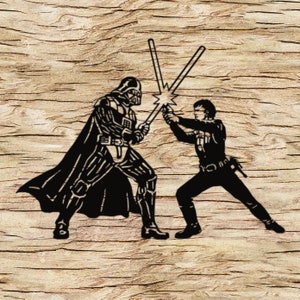 May include: Black metal artwork showing a lightsaber battle between Darth Vader and Luke Skywalker. Vader, in his helmet and cape, clashes with Luke, both with glowing lightsabers. The background has a textured wood grain.