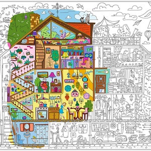 Poster gigante XXL da colorare con casa - Attività indoor per bambini - Unicorni - Zoo - Animali - Dino - Moda - 980х680mm
