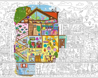 Póster gigante XXL para colorear con actividades para niños en el interior: unicornios, zoológico, animales, dinosaurios y moda, 980 x 680 mm