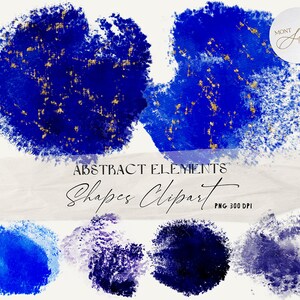 46 imágenes prediseñadas de acuarela abstracta, acuarela azul/purpurina dorada/formas PNG, elementos de diseño transparente, uso comercial, descarga instantánea