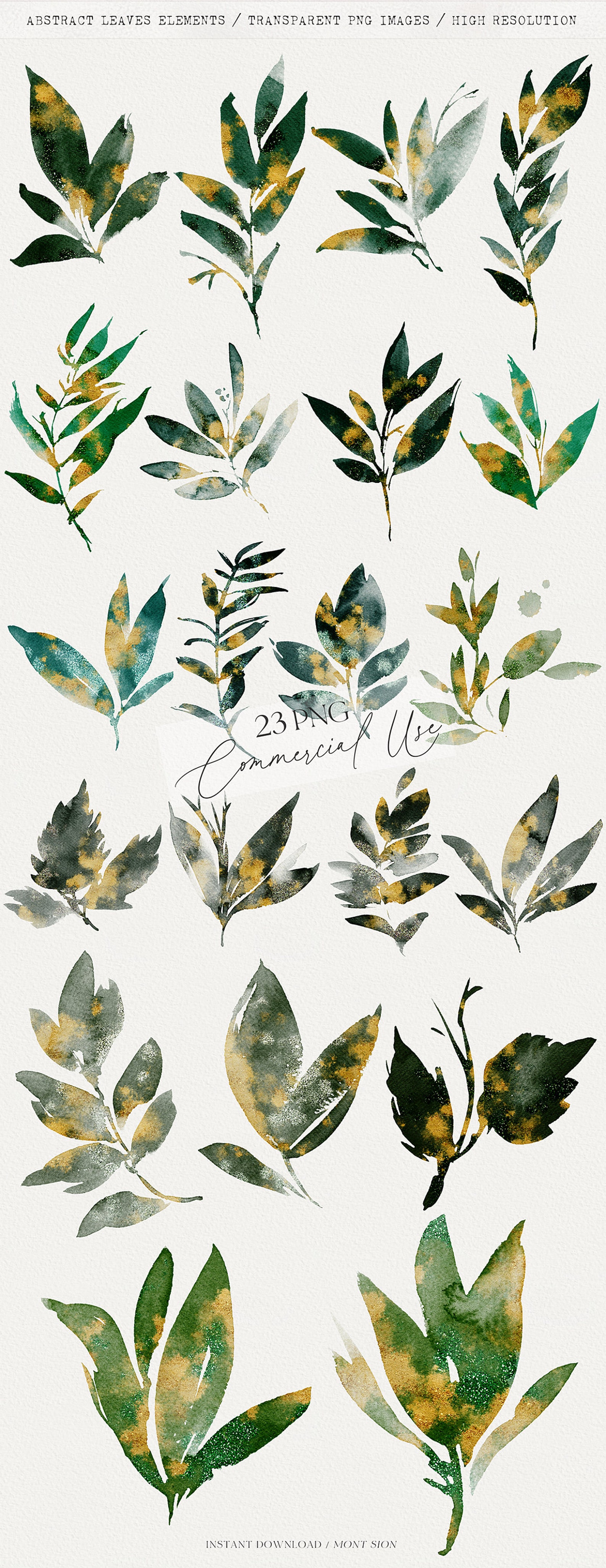 21 Gold Glitter Leaves Clipart, Abstract Green Leaves PNG, Transparent