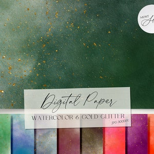 21 Watercolor Gold Glitter Digital Paper, Colorful/Glitter Background, Scrapbooking Paper, Watercolor & Gold Clip Art Set, Commercial Use