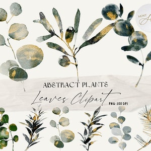 19 Gold Glitter Leaves Clipart, Abstract Green Leaves PNG, Transparante achtergronden, decoratieve designelementen, commercieel gebruik, digitaal bestand