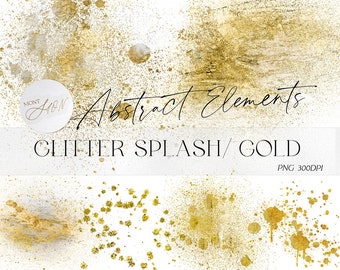 Gold Abstract Design Element, Aesthetic Gold Clipart Set, Gold/Glitter/Splash/Flake, Transparent Background, Commercial Use, Digital File