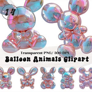 Schillernde Ballon-Tiere mit rosa Schleife Clipart, 3D niedliches Kaninchen / Katze / Bär, Pastell-Metallic-Textur, transparente PNG, Collage, digitale Werte