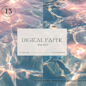 Puede incluir: Un conjunto de 13 fondos de papel digital que presentan agua brillante con reflejos de luz iridiscentes. Los fondos son de 12x12 pulgadas y 3600x3600 píxeles a 300 DPI.